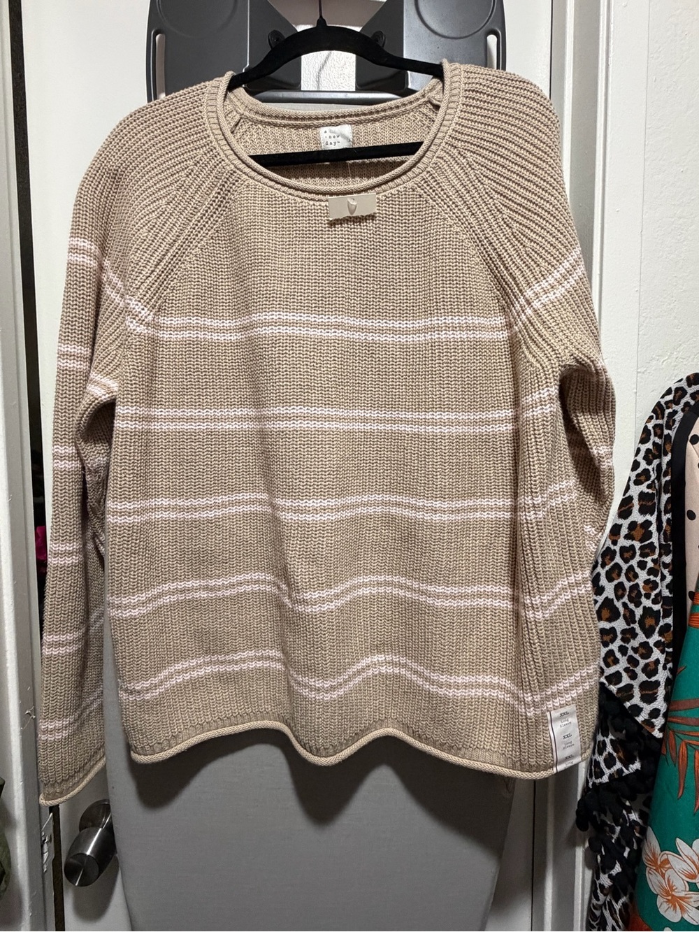 a new day Beige & White Striped Crewneck Sweater